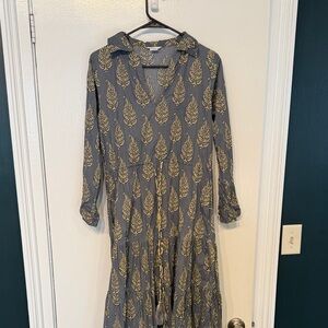 Cynthia Rowley - Long Elegant Gray and Gold Leaf Print Dress  sz XS  w/ pockets!